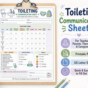 May include: A Toileting Communication Sheet on a clipboard with sections for student details, bathroom visit tracking, skills, supplies, and daily progress. The document features icons of a toilet, sink, underwear, and backpack with pastel accents.