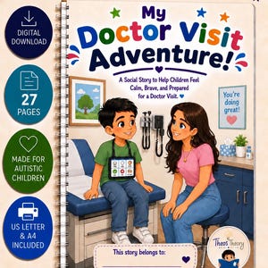 以下が含まれることがあります： My Doctor Visit Adventure!というタイトルのスパイラル綴じのソーシャルストーリーブック。医療オフィスにいるコミュニケーションデバイスを持った子供と大人のイラストが描かれています。表紙には、27ページのデジタルダウンロード、USレターおよびA4サイズ、自閉症の子供向けであることに関するテキスト、さまざまなアイコンや星が含まれています。