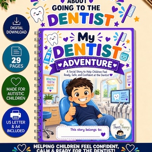 以下が含まれることがあります： My Dentist Adventureというタイトルのスパイラル綴じのソーシャルストーリーブック。青い歯科用チェアに座る子供のイラストが描かれています。表紙には歯、歯ブラシ、歯科用機器のイラストと、子供が安心して通院できるようにするためのテキストが含まれています。