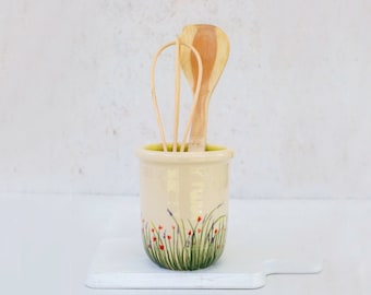 Ceramic Kitchen Utensil Holder - Succulent Pot Holder - Hand Painted Floral Decor - Pottery Utensil Crock