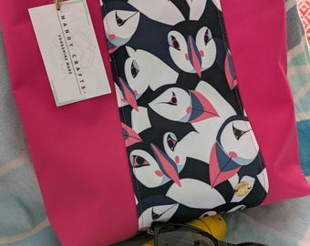 Puffin pattern tote bag, pink puffin tote bag, beachbag, waterproof canvas beach bag