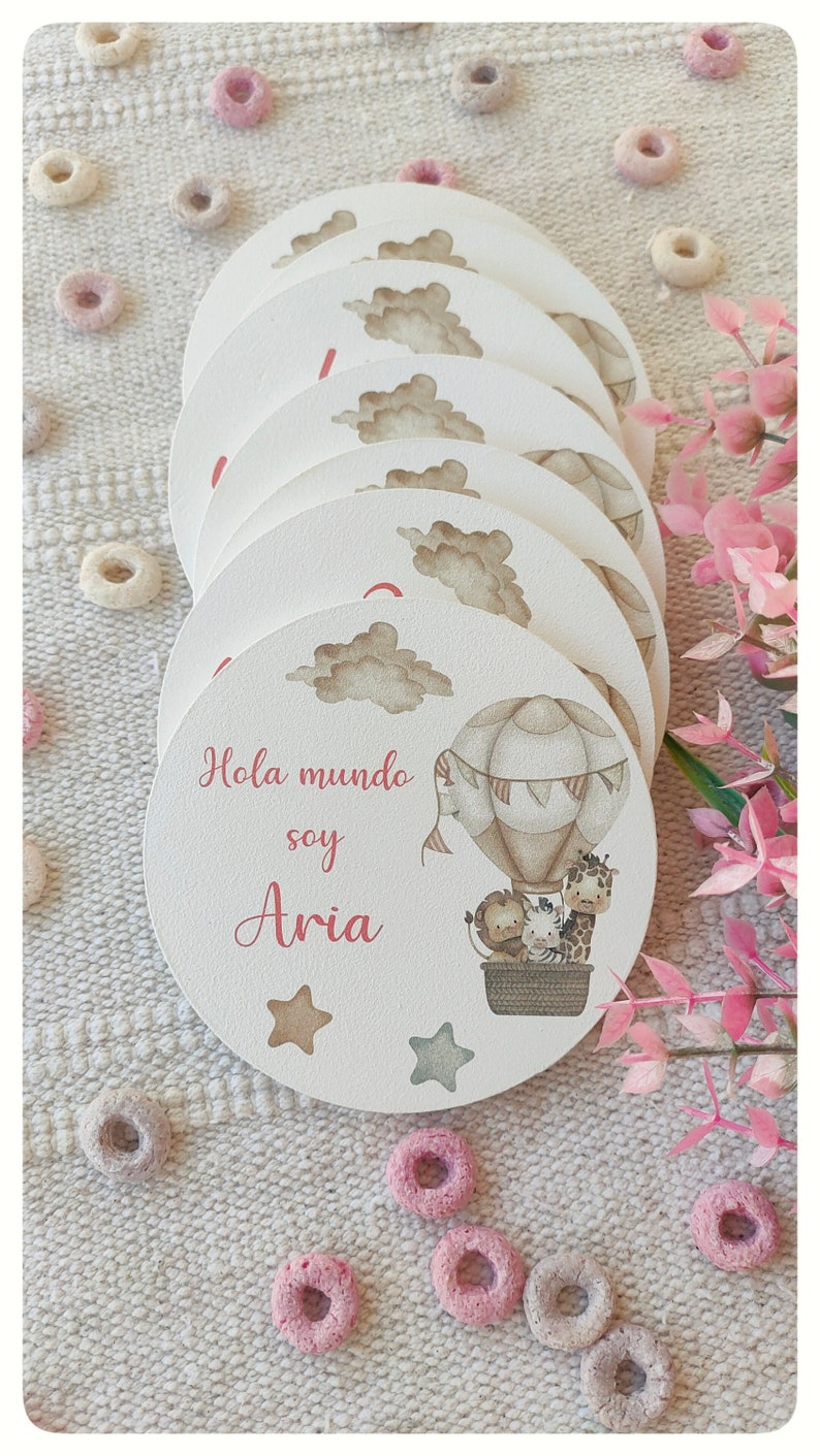 Birthday wooden discs animal collection in balloon Letras en rosa