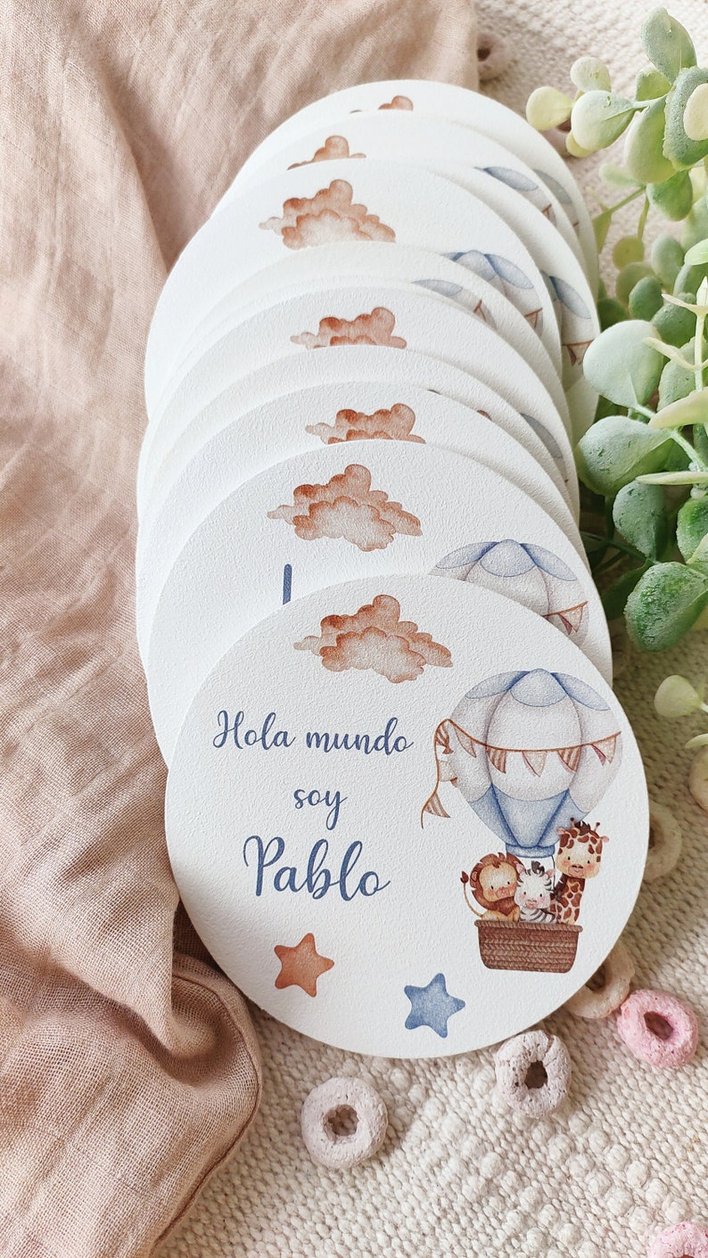 Birthday wooden discs animal collection in balloon Azul bebé