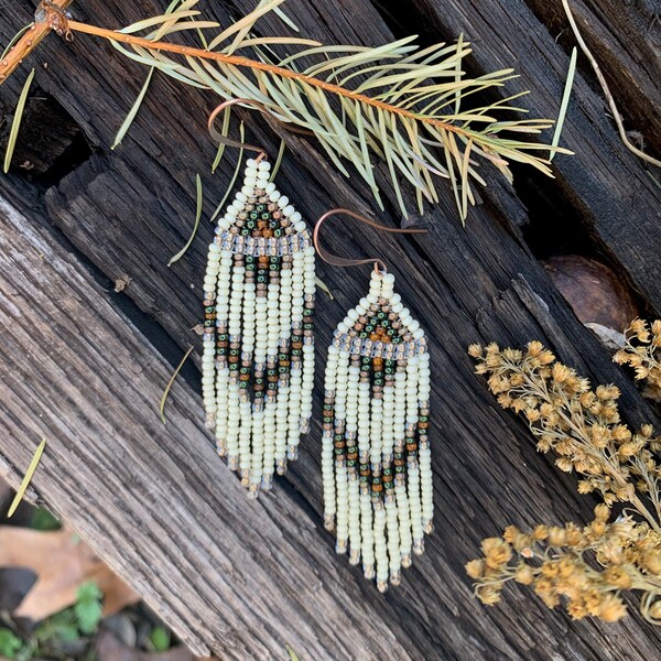 cream, dark green, copper, and brown earth toned fringe earrings