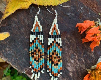 Small turquoise and terra cotta Native American fringe earrings