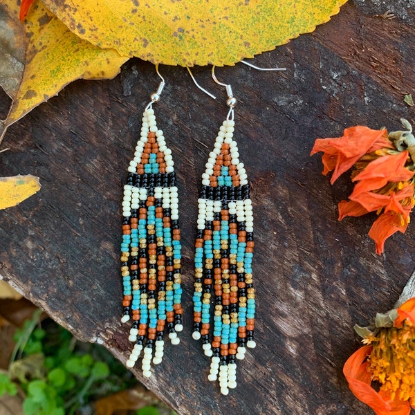 Small turquoise and terra cotta Native American fringe earrings