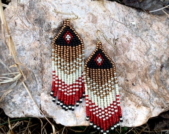 handwoven red and black diamond fringe native earrings