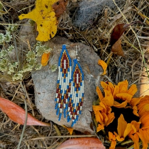 Blue, yellow, red, and cream native beaded earrings