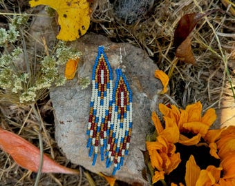 Blue, yellow, red, and cream native beaded earrings