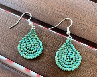 small turquoise teardrop handwoven native american earrings