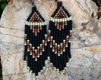Black, brown and dark cream earth toned fringe earrings