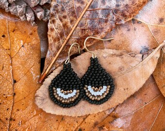 small black, brown and bronze teardrop handwoven earrings