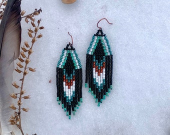 Black, teal, turquoise and copper Cherokee beaded earrings