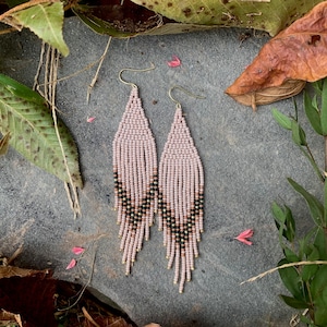 Elegant long beaded blush, forest green, and gold earrings