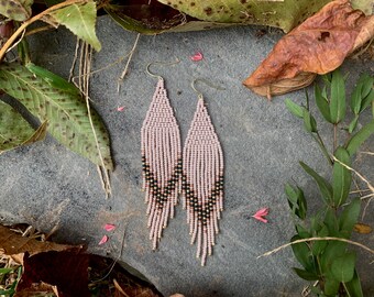 Elegant long beaded blush, forest green, and gold earrings