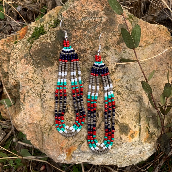 handwoven lightweight green turquoise and red small native blanket earrings