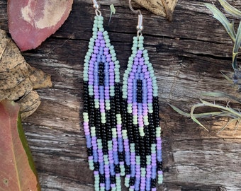 Handwoven celadon, purple, and black fringe earrings