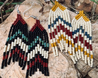 small black and turquoise // bone and blue arrow fringe native earrings