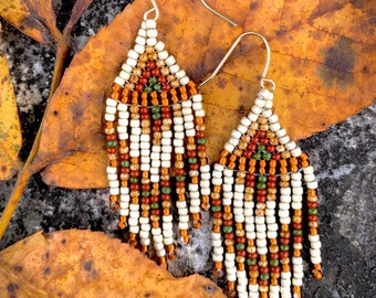 small autumn and earth-toned handwoven fringe earrings