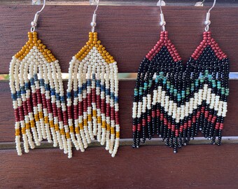 black and turquoise // bone and blue arrow fringe native earrings