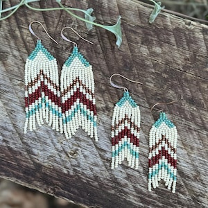 Two sizes &gt;&gt;&gt; cream, copper, turquoise, and dark red arrow earrings
