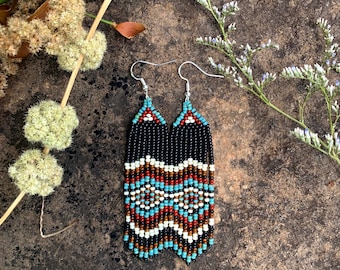 long turquoise and earth toned Native American fringe earrings