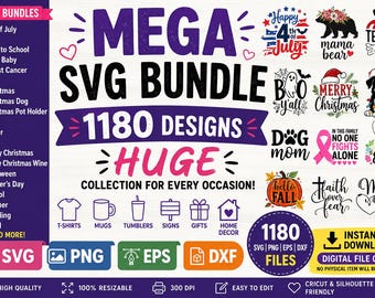 Plus de 1 100 modèles de lots méga SVG | Énorme lot de Cricut Svg | Fichiers EPS DXF PNG | Noël Halloween professeur chien Svg