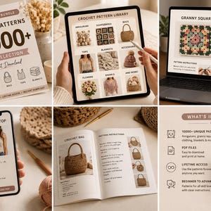 Op de afbeelding: Een digitaal pakket met meer dan 10.000 haakpatronen in PDF-formaat, weergegeven op een geprint document, een tablet, een laptopscherm, een smartphone en een open instructieboekje, met projecten zoals amigurumi, tassen en tops.