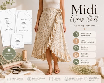 Midi Wrap Skirt Sewing Pattern PDF, Women A Line Ruffle Hem Skirt Pattern, Beginner Sewing Tutorial, Printable Digital Download
