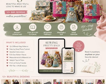 Sewing Pretty Bags PDF & EPUB, Bag Sewing Patterns, Step by Step Bag Tutorials, Printable Sewing Ebook, Instant Download, Beginner Friendly