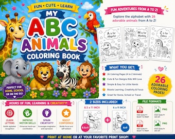 ABC animaux livre de coloriage pour les enfants, pages de l'alphabet de A à Z, pages à colorier animaux mignons, activité d'apprentissage préscolaire, imprimable PDF PNG