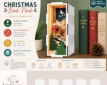 Angolo lettura natalizio 3D in formato SVG / Miniatura per mensola tagliata al laser, decorazione per libreria in legno