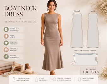 Boat Neck Dress Sewing Pattern PDF, Maxi Midi Mini Dress Pattern, Beginner Knit Dress Tutorial, Tank Dress PDF, Stretch Lycra Dress, UK 2-18