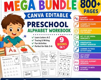 Mega Bundle de livres d'activités pour enfants sur toile éditable | Plus de 800 pages de feuilles d'exercices pour les enfants d'âge préscolaire | Alphabet à colorier, calcul, comptage PDF | DPP + MRR