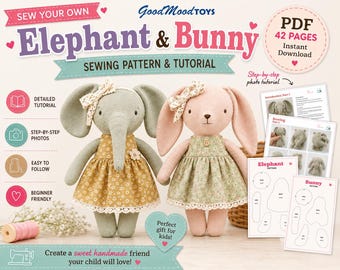 Lot de patrons de couture lapins et éléphants PDF | Tutoriel sur les peluches | Motif animal en peluche bricolage | Jouets souples à coudre pour débutants