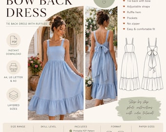 Patron de couture de robe avec nœud dans le dos PDF, patron de robe midi nouée dans le dos, tutoriel couture pour débutant, patron imprimable XS S M L XL