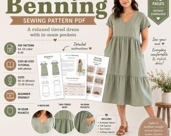 Patron de couture de robe à plusieurs niveaux PDF pour femme | Tutoriel sur la robe midi coupe ample à col en V | Patron de robe en lin adapté aux débutants | Téléchargement instantané