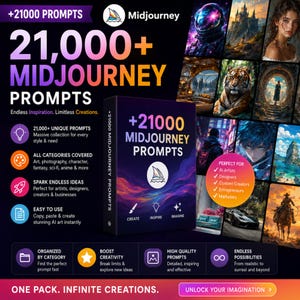 21000+ AI Prompts Bundle | Midjourney Prompt Pack, Mockup, T-Shirt, Logo Design (Digital Download)