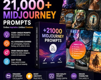 Pacchetto di oltre 21000 prompt AI / Pacchetto prompt Midjourney, mockup, design per t-shirt e logo (download digitale)