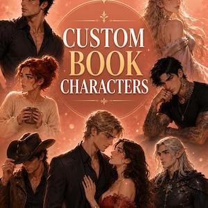 Può includere: Un'illustrazione digitale che presenta il testo CUSTOM BOOK CHARACTERS centrato all'interno di una cornice circolare, circondato da vari ritratti di personaggi diversi, inclusi individui in abbigliamento formale, casual e ispirato al fantasy.