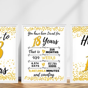 18th Birthday Signs Bundle, Happy 18th Birthday Sign, Cheers to 18 Years, Hello 18 Sign, Gold 18th Birthday, 18th Anniversary Signs Pack