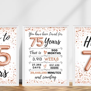 75th Birthday Sign Rose Gold, 75th Birthday Sign, Cheers to 75 Years, Hello 75 Sign, Rose Gold 75th Birthday, 75th Anniversary Signs Pack