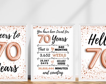 70th Birthday Sign Rose Gold, 70th Birthday Sign, Cheers to 70 Years, Hello 70 Sign, Rose Gold 70th Birthday, 70th Anniversary Signs Pack
