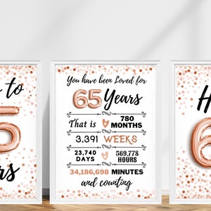 65th Birthday Sign Rose Gold, 65th Birthday Sign, Cheers to 65 Years, Hello 65 Sign, Rose Gold 65th Birthday, 65th Anniversary Signs Pack