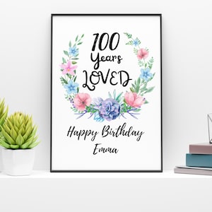 100歳の誕生日デコレーションサイン、100年間愛されたサイン、カスタム誕生日サイン、100歳の誕生日パーティーデコレーション、花の誕生日デコレーション、100歳の誕生日