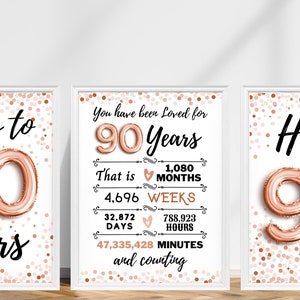 90th Birthday Sign Rose Gold, 90th Birthday Sign, Cheers to 90 Years, Hello 90 Sign, Rose Gold 90th Birthday, 90th Anniversary Signs Pack