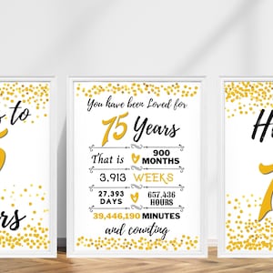 75th Birthday Signs Bundle, Happy 75th Birthday Sign, Cheers to 75 Years, Hello 75 Sign, Gold 75th Birthday, 75th Anniversary Signs Pack