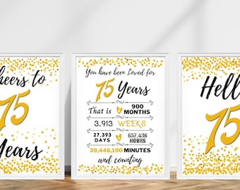 75th Birthday Signs Bundle, Happy 75th Birthday Sign, Cheers to 75 Years, Hello 75 Sign, Gold 75th Birthday, 75th Anniversary Signs Pack