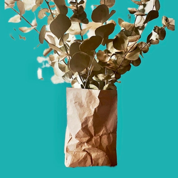 Vase-wood vase- Paper bag vase - Paper bag planter- unique planter- paper bag sculpture - paper bag pot- Paper bag flowers- paperbag-