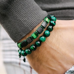 Natuurlijke groene tijgeroog kralenarmband, verstelbaar mannelijk polshorloge, genezende kristallen sieraden, accessoire voor angststressverlichting voor mannen